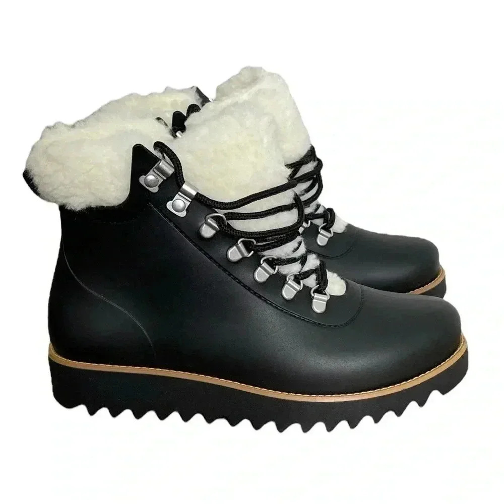 Anthropologie NEW Bernardo Wiley Black Sherpa Lined Lug Sole Lace Boots Size 7